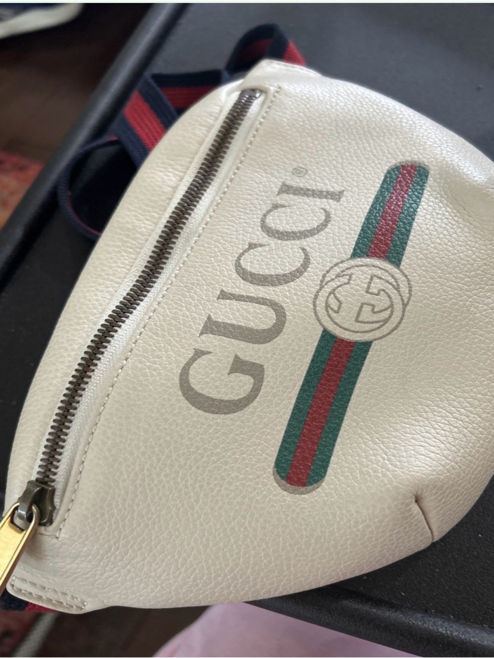 Gucci White Leather Belt Bag with Green-Red Web Stripe